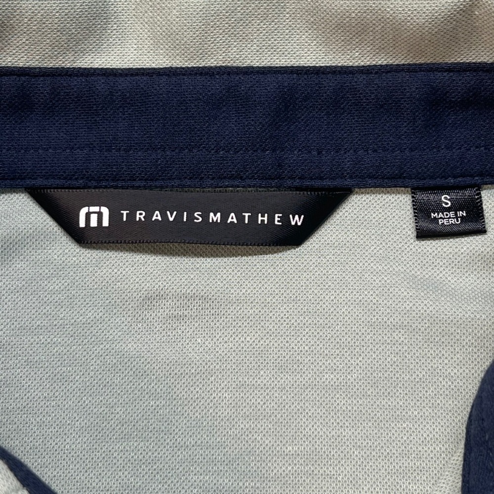 TravisMathew Mens Colorblock Polo Shirt Navy Green Geometric Chest Stripe Small - Picture 3 of 8
